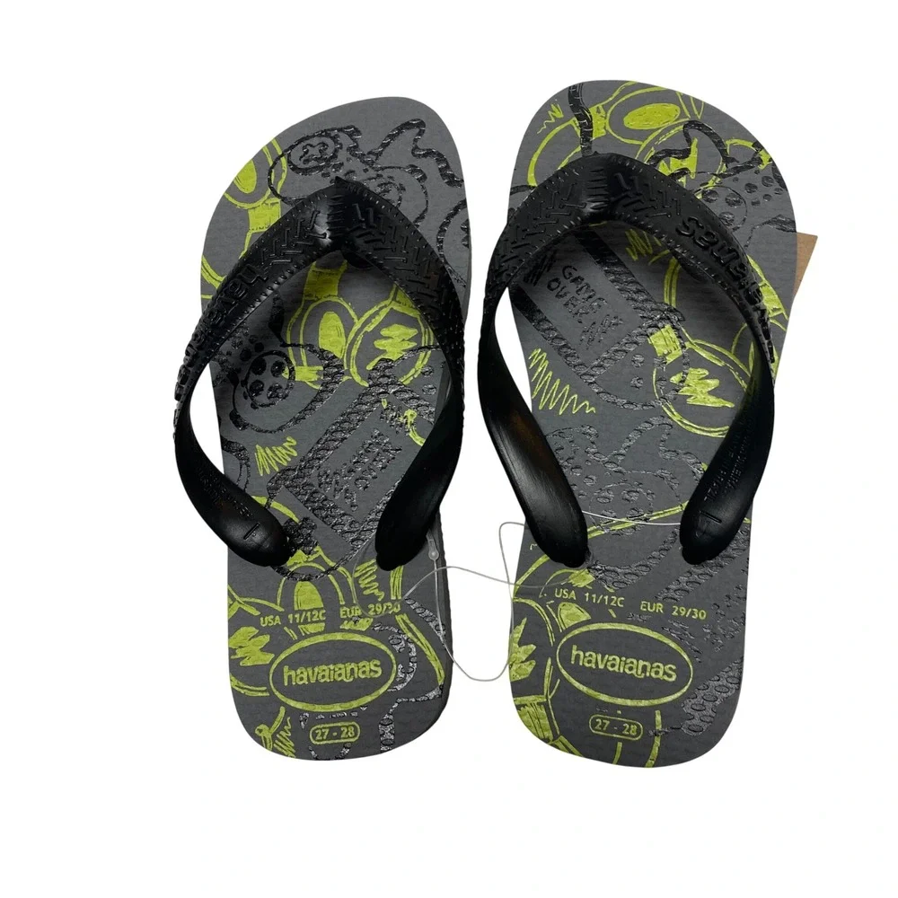 Havaianas Kids Game Over Flip Flops Grey Lime Green‎ Game Sandals 11/12C NWT
